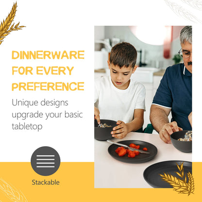 Teivio 32-Piece Kitchen Plastic Wheat Straw Dinnerware Set, Service for 8, Unbreakable Modern Dish Set - Dinner Plate/Dessert Plate/Cereal Bowl/Cup, for Apartment Essentials, Outdoor Camping, Black