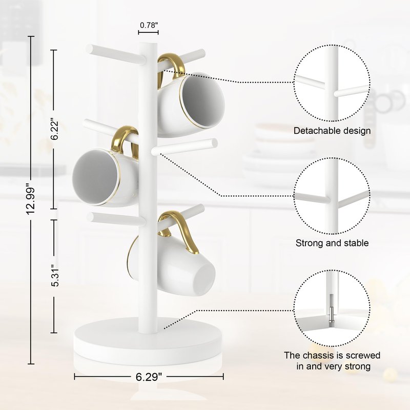 Wisuce White Coffee Mug Tree, Updated Thick Bamboo Mug Holder Base,Coffee Cup Stand Mug Holders with 6 Hooks for Countertop Organizer Stand
