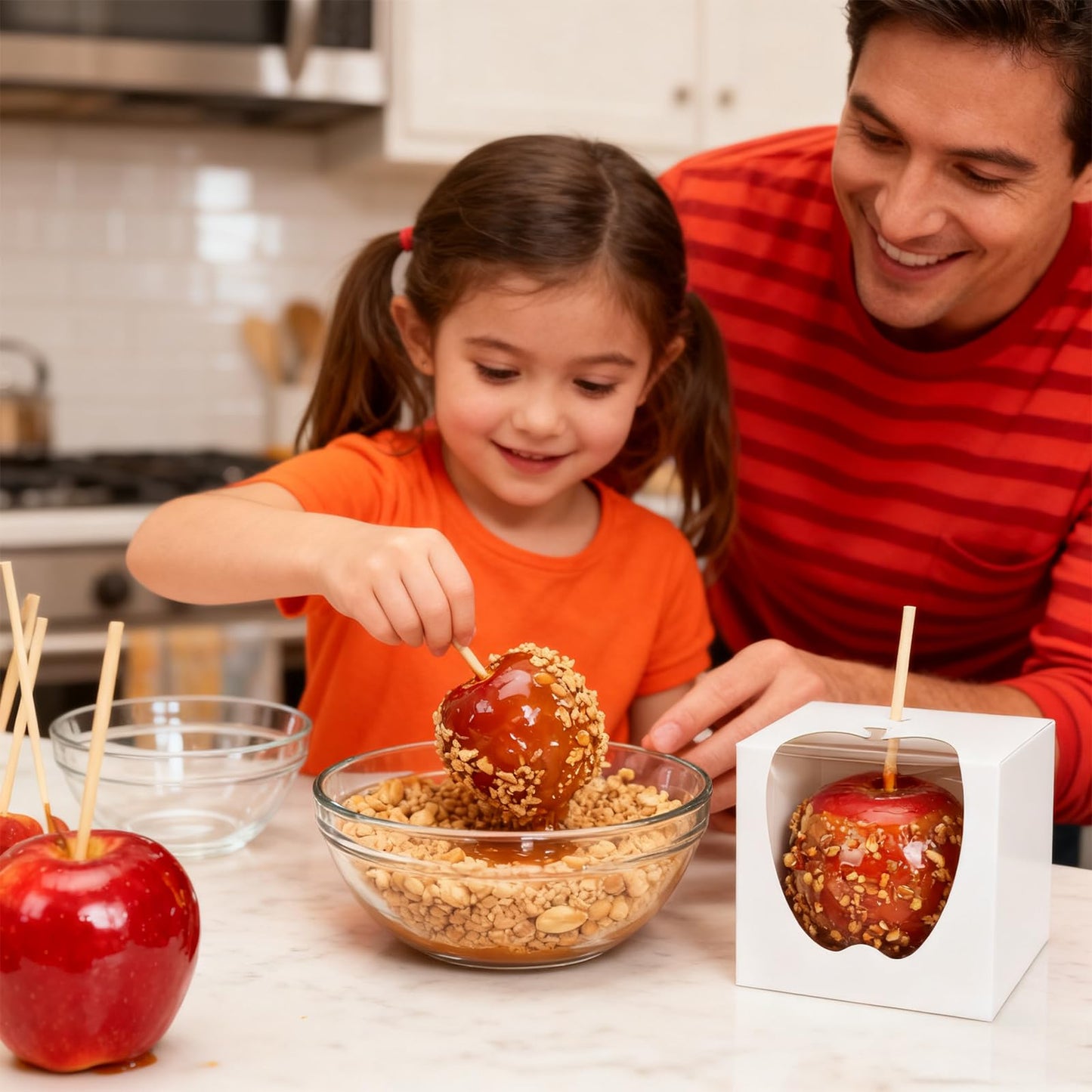 ZEAYEA 50 Pack 4"x 4"x 4" Candy Apple Boxes with Window and Sticks, Food Grade Caramel Apple Gift Boxes with Hole, Carboard Treat Favor Packaging for Halloween, Thanksgiving, Wedding, Party