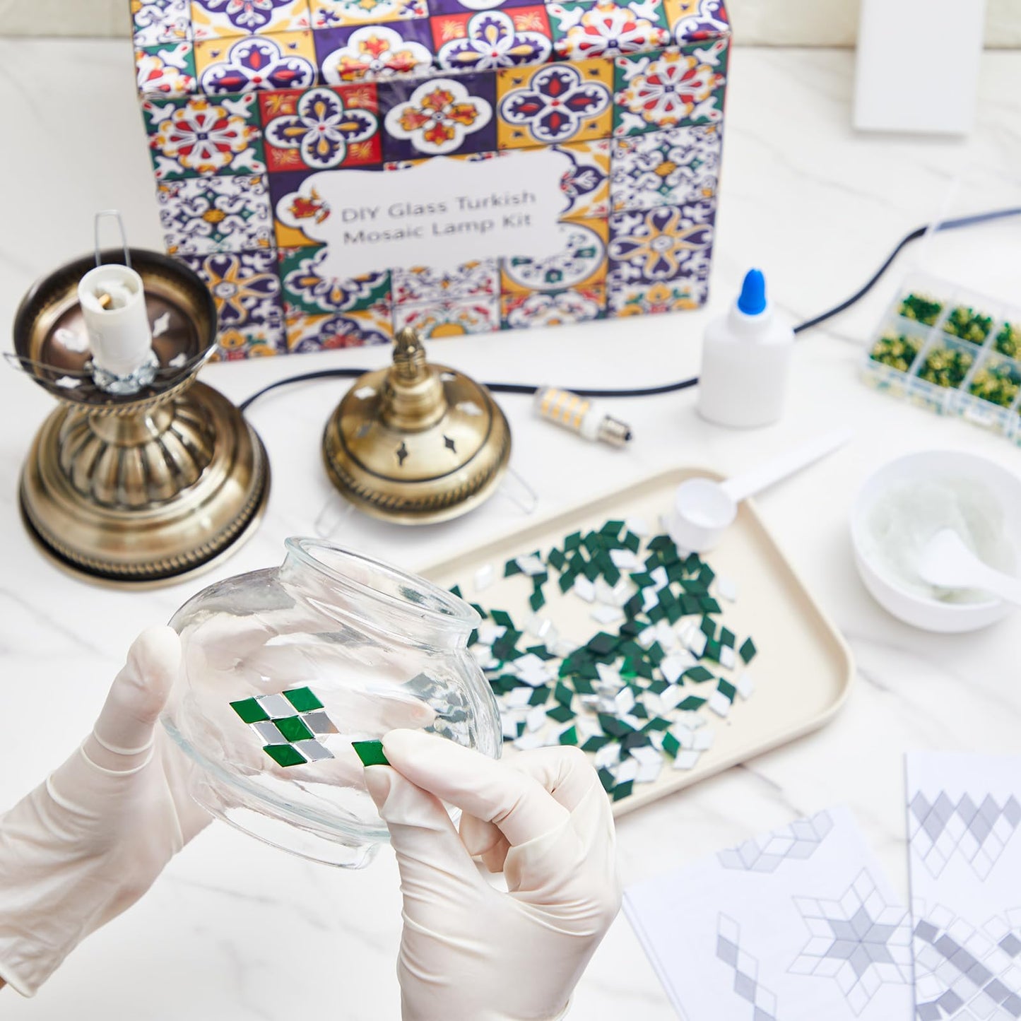 Baquler Turkish Mosaic Lamp Kit DIY Stained Glass Decorative Table Bedside Night Light Tabletop Bohemian Morrocan Lamp Crfat Kit for Living Room Decorations, Make Your Own (Green)