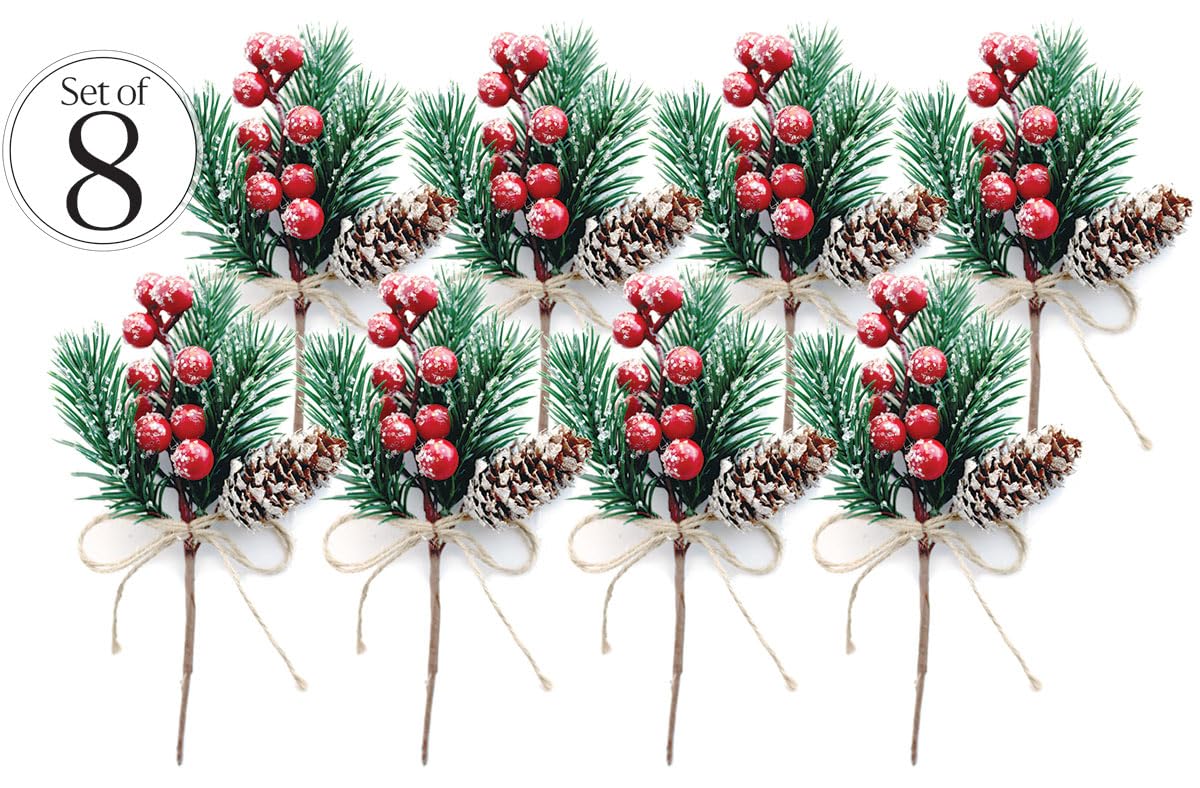 Red Berry Stems Pine Branches Evergreen Berries Décor 8 PCS Artificial Pine Cones Branch for Christmas Craft Wreath Pick & Winter Holiday Floral Picks Holly Stem for Decoration DIY Xmas Crafts