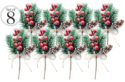 Red Berry Stems Pine Branches Evergreen Berries Décor 8 PCS Artificial Pine Cones Branch for Christmas Craft Wreath Pick & Winter Holiday Floral Picks Holly Stem for Decoration DIY Xmas Crafts