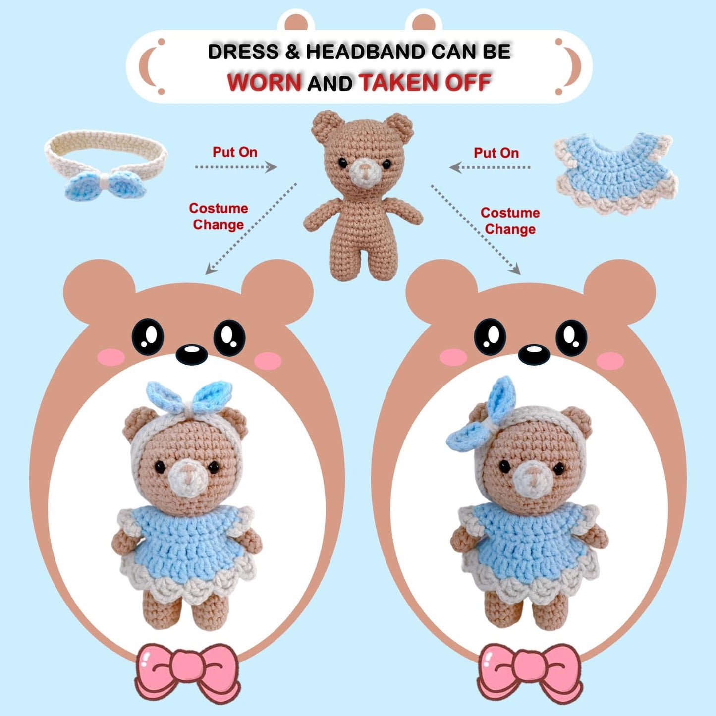 LoopMap Amigurumi Crochet Kit for Beginners with Removable Dress & Video Tutorials, DIY Bear Making Kit Includes Premium Yarn & Tools, Creative Gift for Adults Teens (Blue)