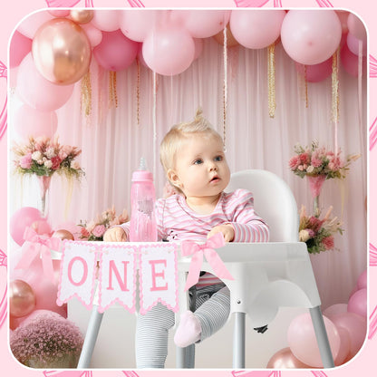 VitalCozy Pink One High Chair Banner for Girls Boys First Birthday High Chair Banner Sweet One Bow Floral Garland 1st Birthday Celebration Decorations (Classic)