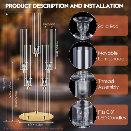 4 Set 5 Arm Acrylic Candle Holder, Mjkeomo 26'' Tall Candelabra Centerpieces for Tables Clear Candlesticks Holder with Lampshade for Housewarming Gift Fireplace Dinner Decor Fit 0.82'' LED Candle