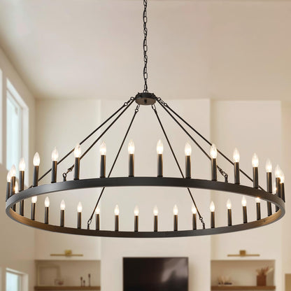 TESTOYS Modern Wagon Wheel Light Fixture 36-Light, 60-Inch Extra Large Farmhouse Chandelier for Entryway, Round Outdoor Chandeliers for Living Room Dining Room Foyer