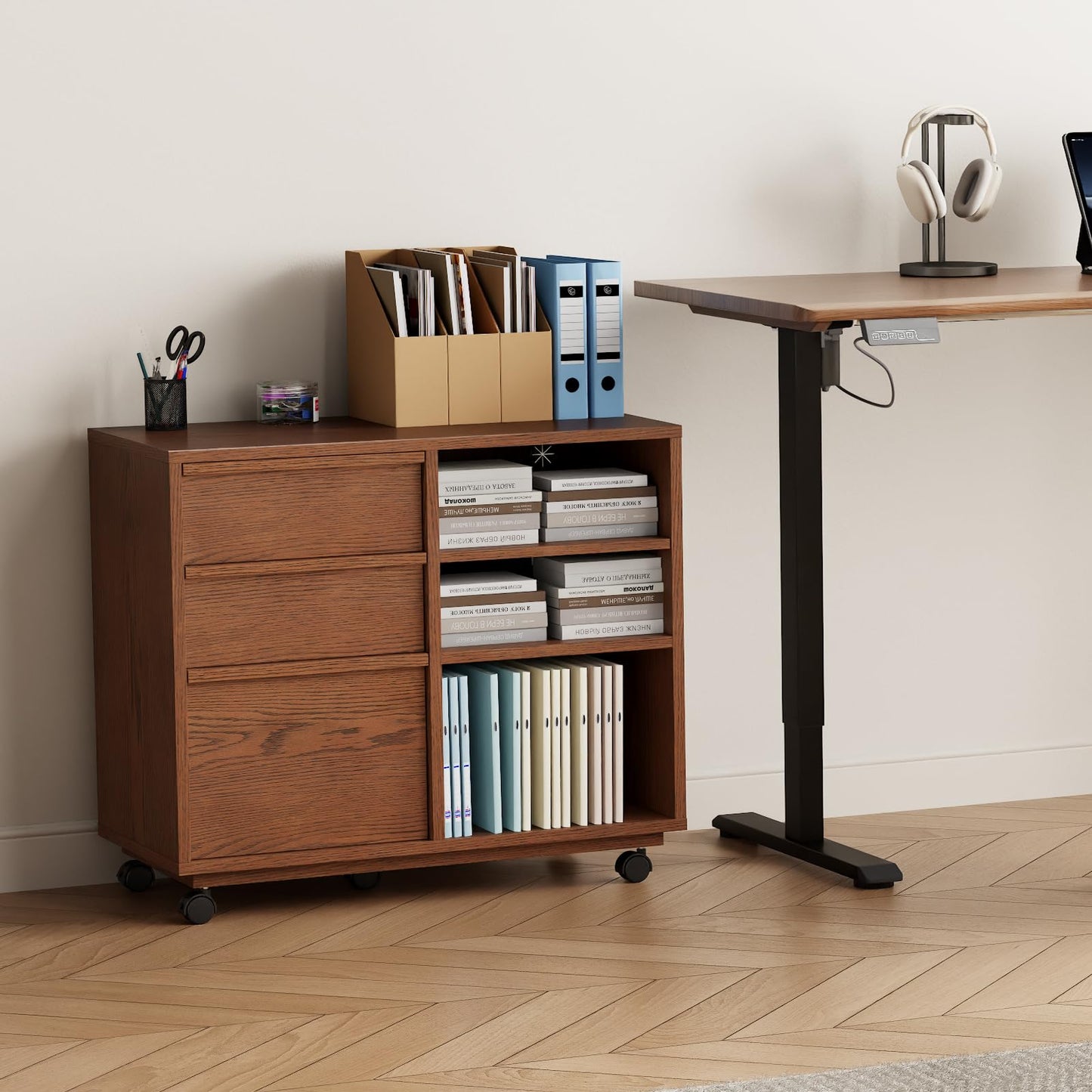 Solid Wood Lateral Filing Cabinet, 3 Drawer Mobile File Cabinet,Stand with Open Shelves,Storage Drawer Cabinet，The cabinet features adjustable steel rods，suitable for home offices,and bedrooms.
