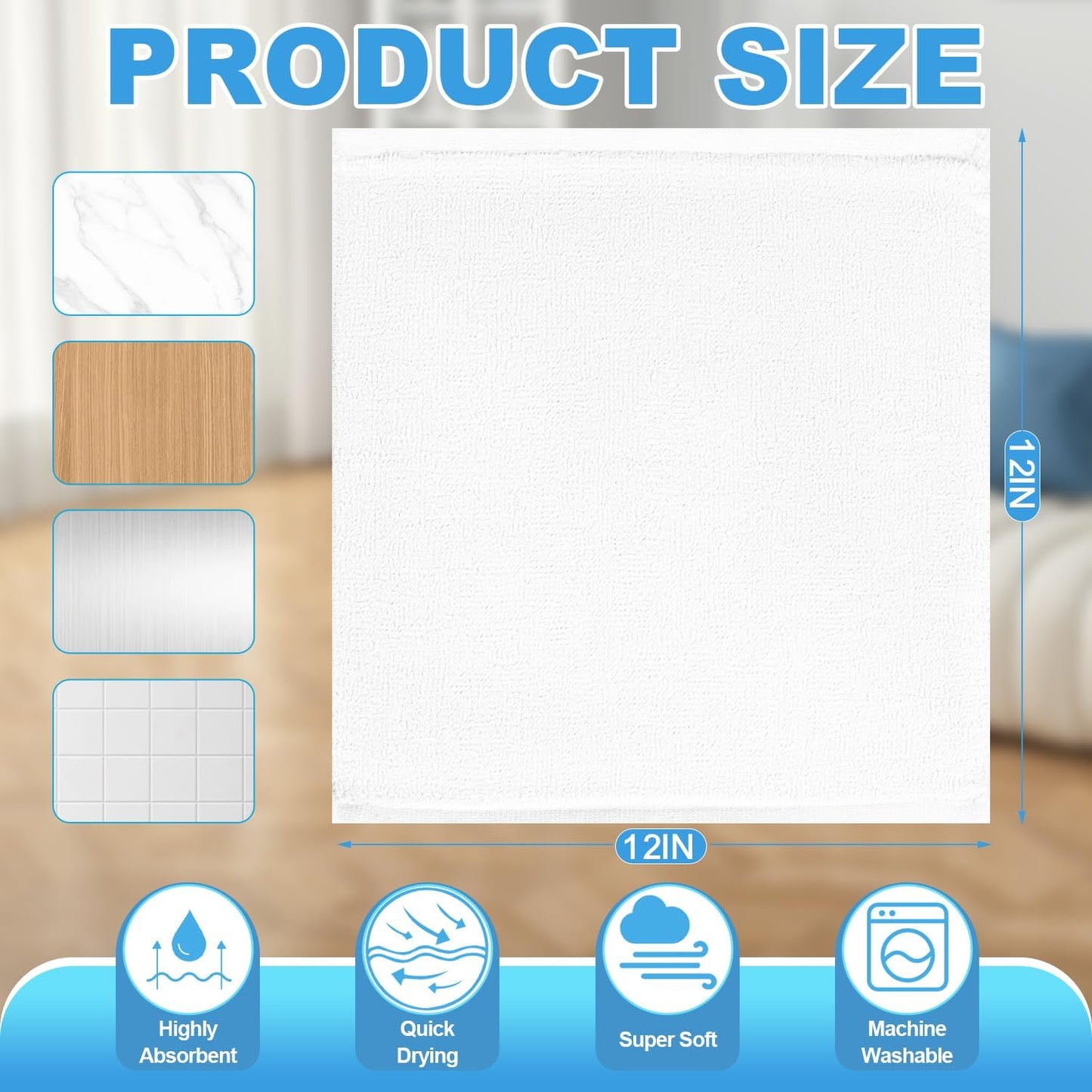 12 Pack 100% 12x12 Inch Cotton Wash Cloth, Highly Absorbent and Soft Feel Fingertip Towels, Machine Washable Washcloths