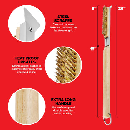 Essential Pizza Oven Accessories Kit- Includes Extra-Long Wooden Handle, 2 Brush Heads with Stainless Steel, Heat-Proof Bristles- + Slicer & Server |Works on Gozney, Blackstone & Pizza Ovens