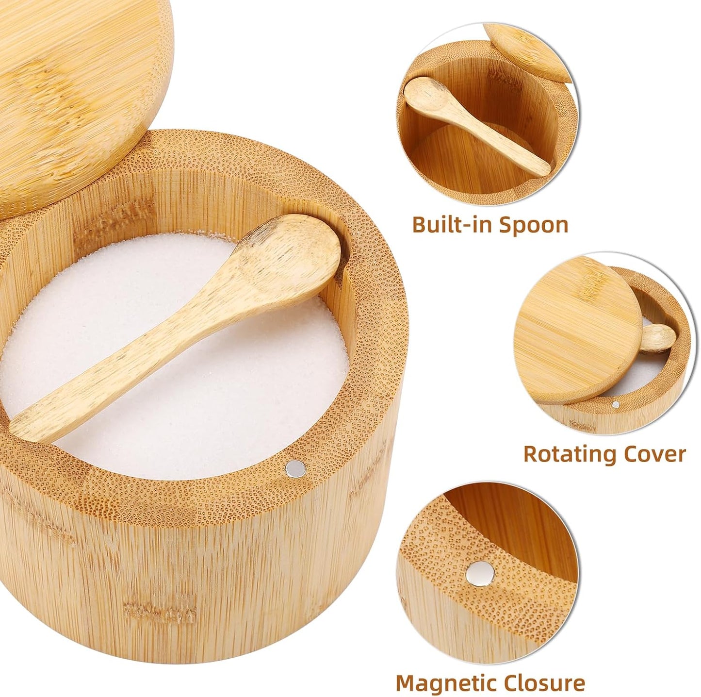 Natural Bamboo Salt and Pepper Bowl, Bamboo Salt Cellar with Built-in Spoon and Magnetic Swivel Lid, Single Compartment