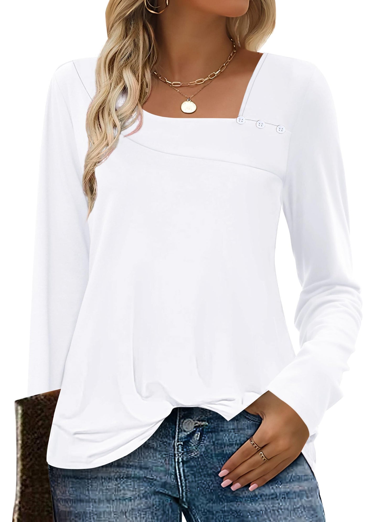 OFEEFAN Long Sleeve Shirts for Women Fall Clothes Asymmetric Square Neck Tunic Tops Decorative Buttons