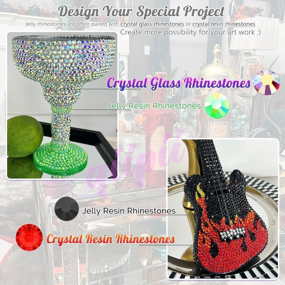 qiipii 28 Types Black White Silver Clear Jelly Resin Rhinestones w B7000 Glue for Bedazzling Crafting 3-6mm Flatback Stones Gems Diamonds Crystals for Face Makeup Crafts Tumblers Bottles Clothes Shoes