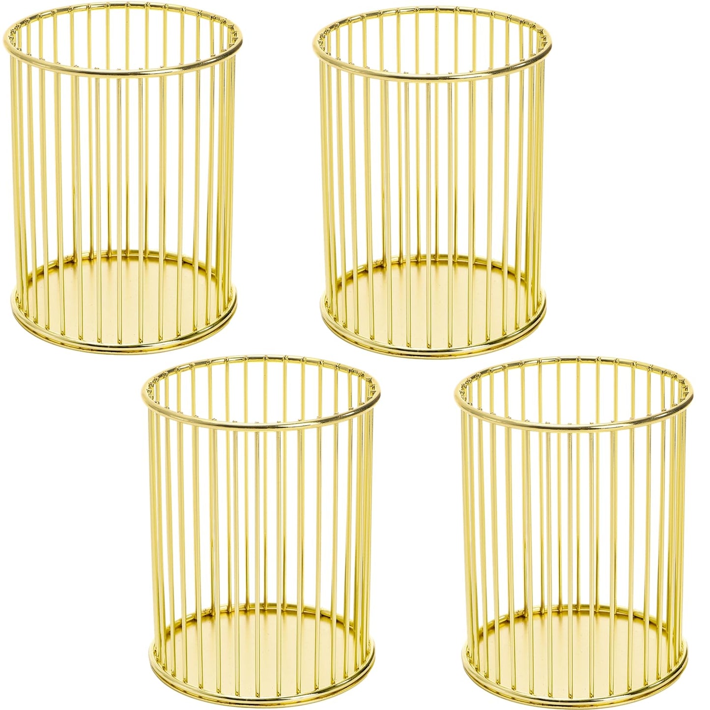Yopay 4 Pack Gold Pencil Holder, Metal Pen Cup Makeup Brush Holder for Desk, Round Wire Mesh Desktop Organizer for Office School Home Vanity, Aesthetic Cylindrical Storage Organizer for Art Supplies