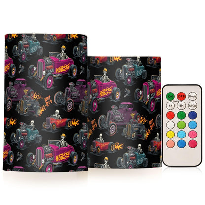 Pigsaly Flameless Candles Battery Operated Checkered Flag Hot Rod Baseball Racing Car Flickering Led Pillar Candles with Remote Control Colour Changing Warm Light Candles for Halloween Christmas Wed