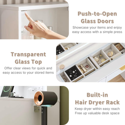 GarveeHome Fluted Vanity Desk with Mirror and Lights, 48" Large Makeup Vanity with Glass Top, 3 Modes LED Lighting with Adjustable Brightness, Dressing Table with Charging Station and Stool, White