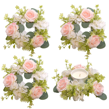 4 Pcs Candle Rings Wreaths,Artificial Hydrangea Wreath Candles Wreaths for Pillars Christmas Wedding Home Table Party Decoration (Pink)