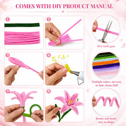 Vorplick Pipe Cleaner Flower Kit, 950 Pcs Pipe Cleaners Craft, Chenille Stems for DIY Flower Making Kit with Instructions, Floral Wires, Stamen& Ribbon for Adults and Kids