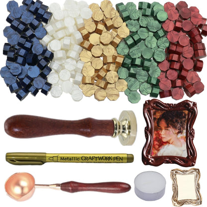 3D Embossed Frame Wax Seal Stamp, Frame Relief Carving Sealing Stamp Set with 150Pcs Red Green Gold White Sealing Wax Beads in 5 Color, Melt Spoon Pen Kit for Wedding and Christmas (KM09)