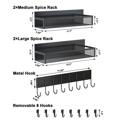 Magnetic Spice Rack for Refrigerator, 4 Pack Magnetic Shelf, Fridge Magnet Organizer with Moveable 8 Hooks, Magnetic Fridge Shelf for Kitchen Organization and Storage (4 Pack)