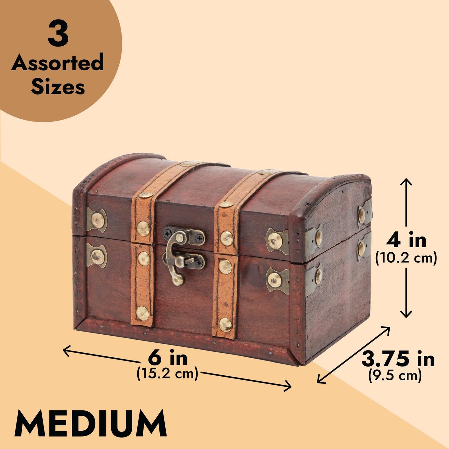 Juvale Treasure Chest Storage Boxes - Dark Brown Wood, Antique Style, Set of 3 - Pirate Chest Decor & Treasure Box for Classroom, Party Decorations & Kids Toy Organization