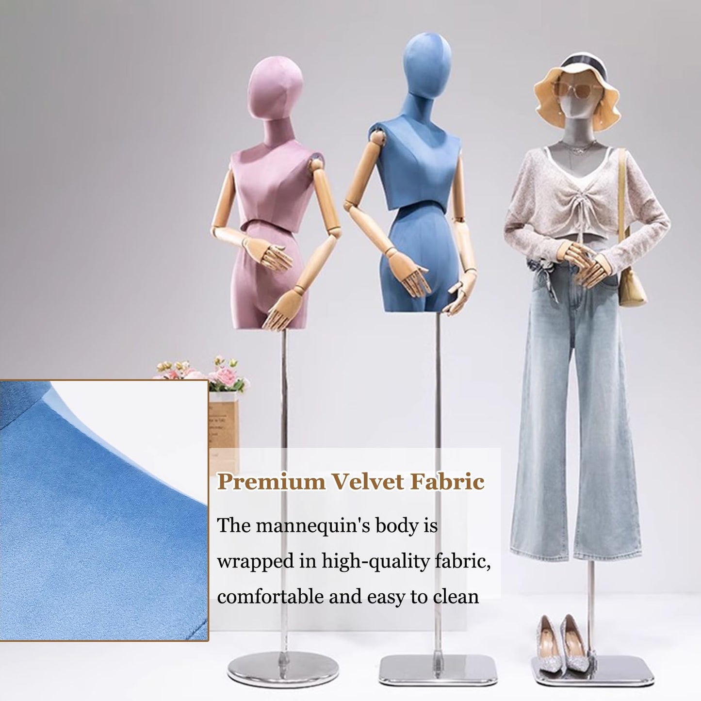 Premium Female Mannequin Rotatable Head/Torso, Solid Wood Arms Dress Form Sewing Mannequin , Heavy-Duty Adjustable Metal Base(Blue)