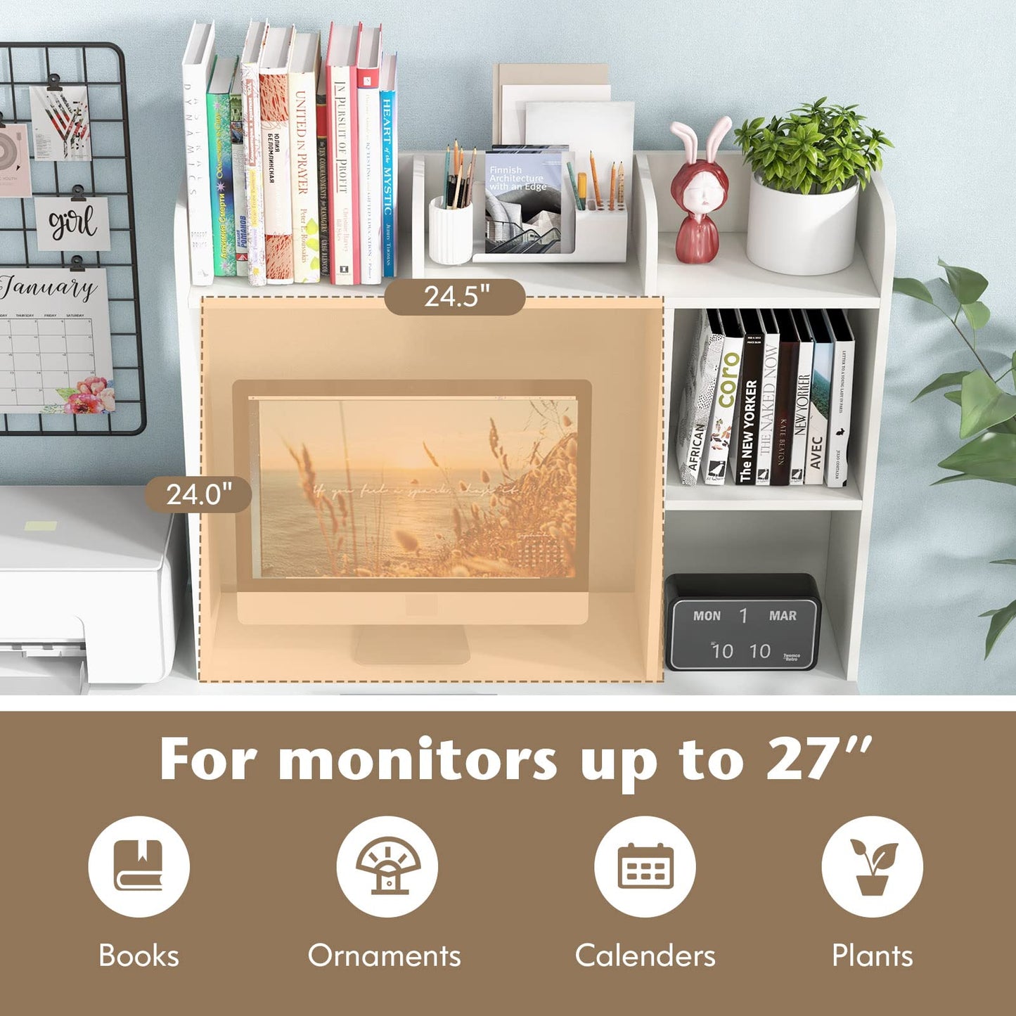 Tangkula Desktop Bookshelf, Countertop Storage Hutch with 5 Shelves for Computer Desk, Desk 3-Tier Display Rack, Multipurpose Wood Desktop Hutch Storage Organizer for Dorm Office Home