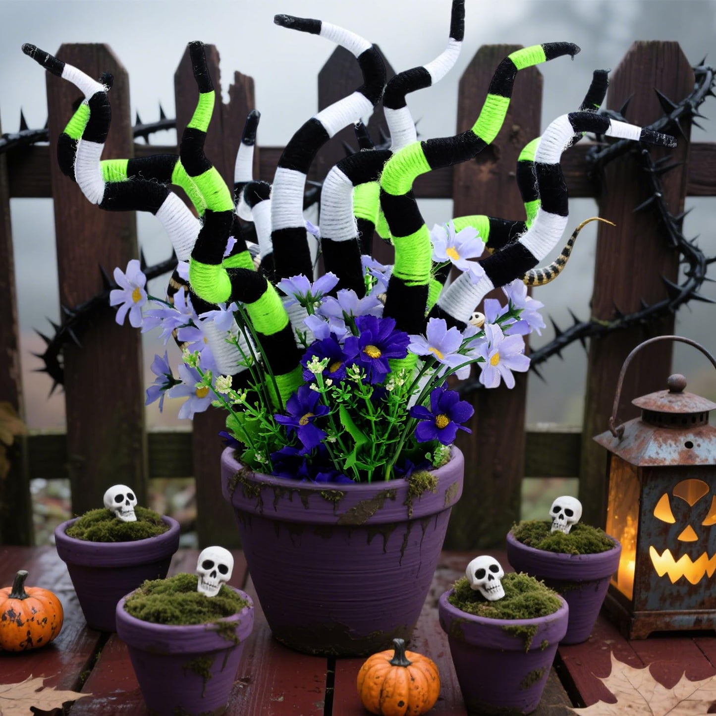Yalikop 16 Pcs 14 inch Halloween Decoration Halloween Plant Stakes Spooky Nightmare Worms Black and White Striped Plant Tentacle Picks for Front Porch Lawn Garden Decor
