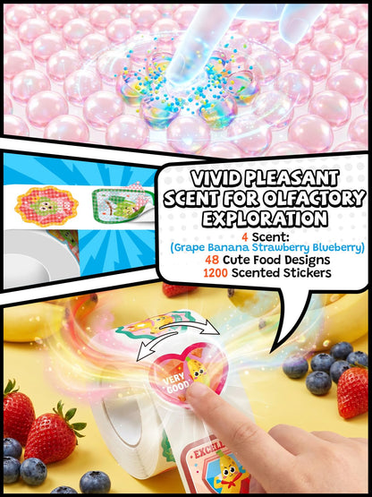 HORIECHALY Scratch and Sniff Reward Stickers for Kids, 4 Rolls 1200 PCS 4 Scent Smelly Stickers Fruit Theme, Positive Reward for Classroom, Teacher, Students