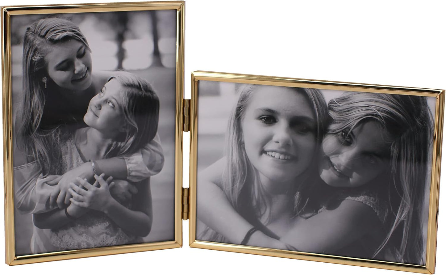 Double 4 by 6 Inch Metal Folding Picture Frames - 1 Landscape and 1 Portrait Style (Modern Gold)
