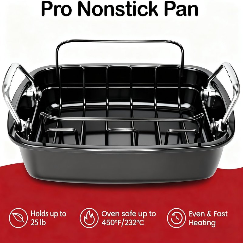 Large Nonstick Roasting Pan with Rack (17x13 Inch) -Turkey Roasting Pan with Wider Handles, Heavy Duty Construction Roaster - Easy Clean for Oven