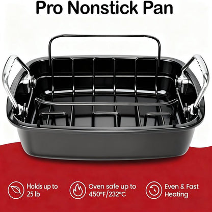 Large Nonstick Roasting Pan with Rack (17x13 Inch) -Turkey Roasting Pan with Wider Handles, Heavy Duty Construction Roaster - Easy Clean for Oven