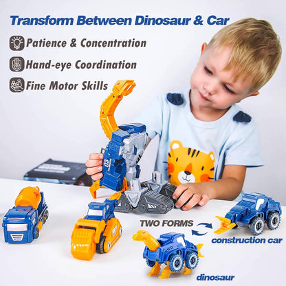 Skiennix Toddler Construction Car Transform Set - 5-Piece Dinosaur Rescue Robot with Magnetic Connectors | DIY STEM Building Trucks for Kids Ages 3-7