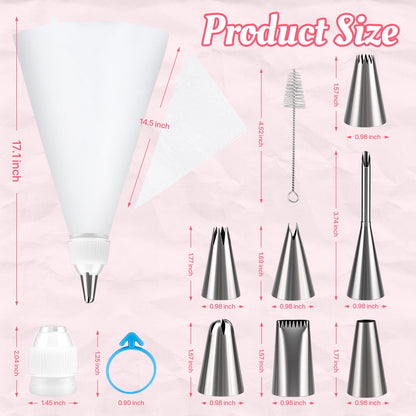 Cleangor Piping Bags and Tips Set, 16 Inch 114 Pcs Cake Decorating Kit with 100 Disposable Icing Bags, 2 Reusable Pastry Bags, 7 Stainless Steel Frosting Tips, 2 Couplers, 2 Bag Ties and 1 Brush