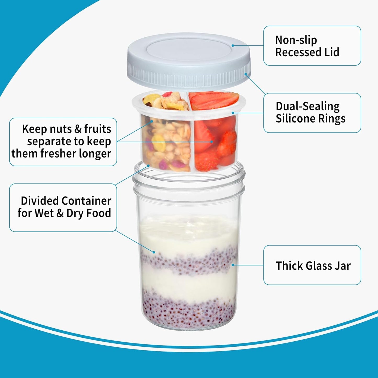 16 oz 4-Pack Xyptorix Overnight Oats Containers with Airtight Lids - Leak-Proof Wide Mouth Mason Jars & Divided Cups