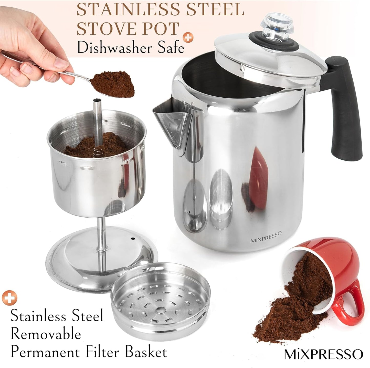 Mixpresso Stainless Steel Coffee Percolator, Stovetop Coffee Pot, 37oz, Excellent for Camping Coffee
