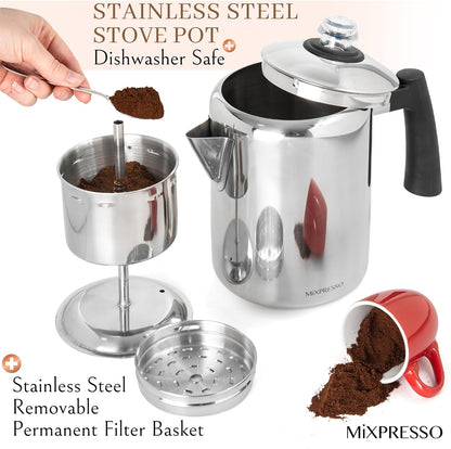 Mixpresso Stainless Steel Coffee Percolator, Stovetop Coffee Pot, 37oz, Excellent for Camping Coffee