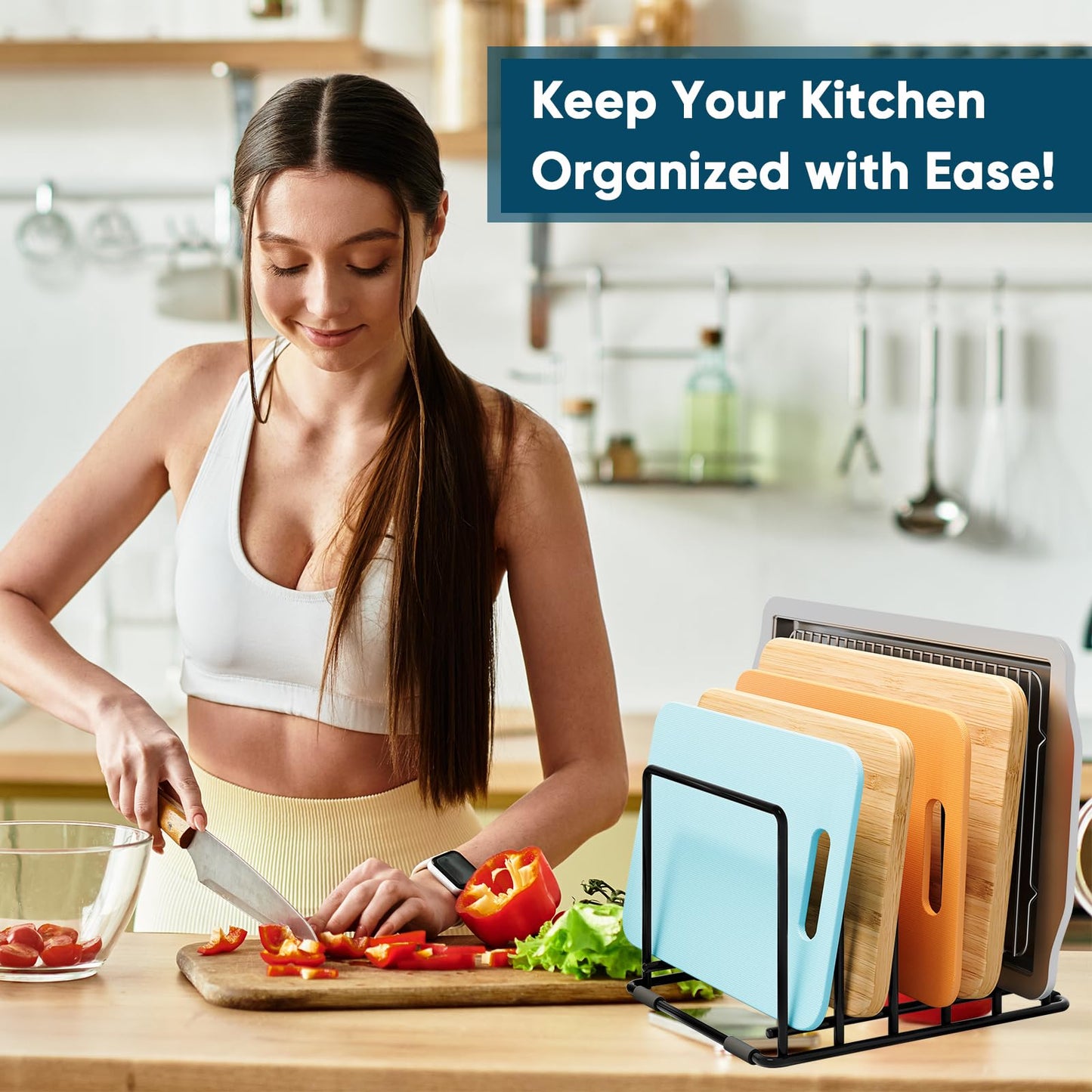 Kitchen Organizer Rack - 5-Slot Heavy-Duty Cutting Board and Bakeware Holder, Rust-Resistant with Anti-Slip Feet for Countertop or Cabinet Storage
