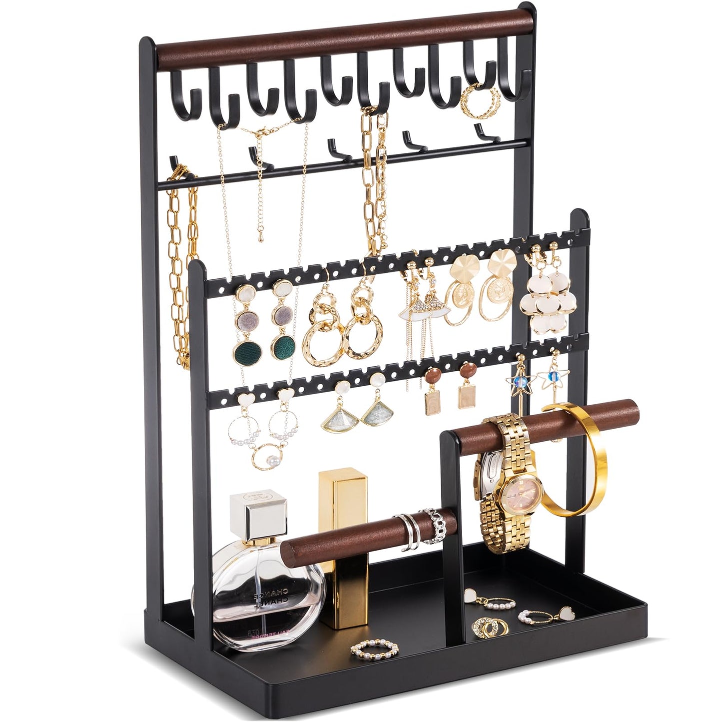 ProCase Jewelry Organizer Stand Necklace Organizer Earring Holder, 6 Tier Jewelry Stand Necklace Holder with 15 Hooks, Jewelry Tower Display Rack Storage Tree for Bracelets Earrings Rings -Black