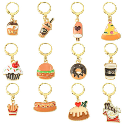 Gythara 24 pcs 12 Style Fast Food Theme Alloy Enamel Stitch Markers Coffee Tea Drink Hamburger Cake Donut Leverback Earring for Knitting Crocheting DIY Jewelry Craft Bag Decoration
