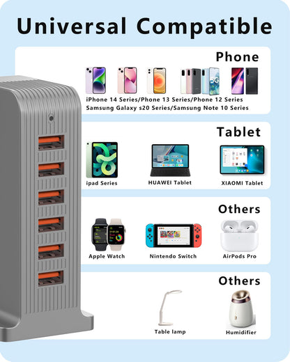 VPSUN USB Charger 6 Port 50W Multi USB Tower Charging Station for Multiple Devices iPhone 15/14/14 Pro/14 Pro Max/13 Pro/13 Pro Max/Android/Samsung/Tablet,etc (Gray, 50W)