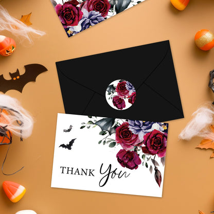 Whaline 36Pcs Halloween Thank You Cards with Envelopes Stickers Blood Red Flower Bat Greeting Cards Blank Note Card for Halloween Birthday Wedding Party Supplies