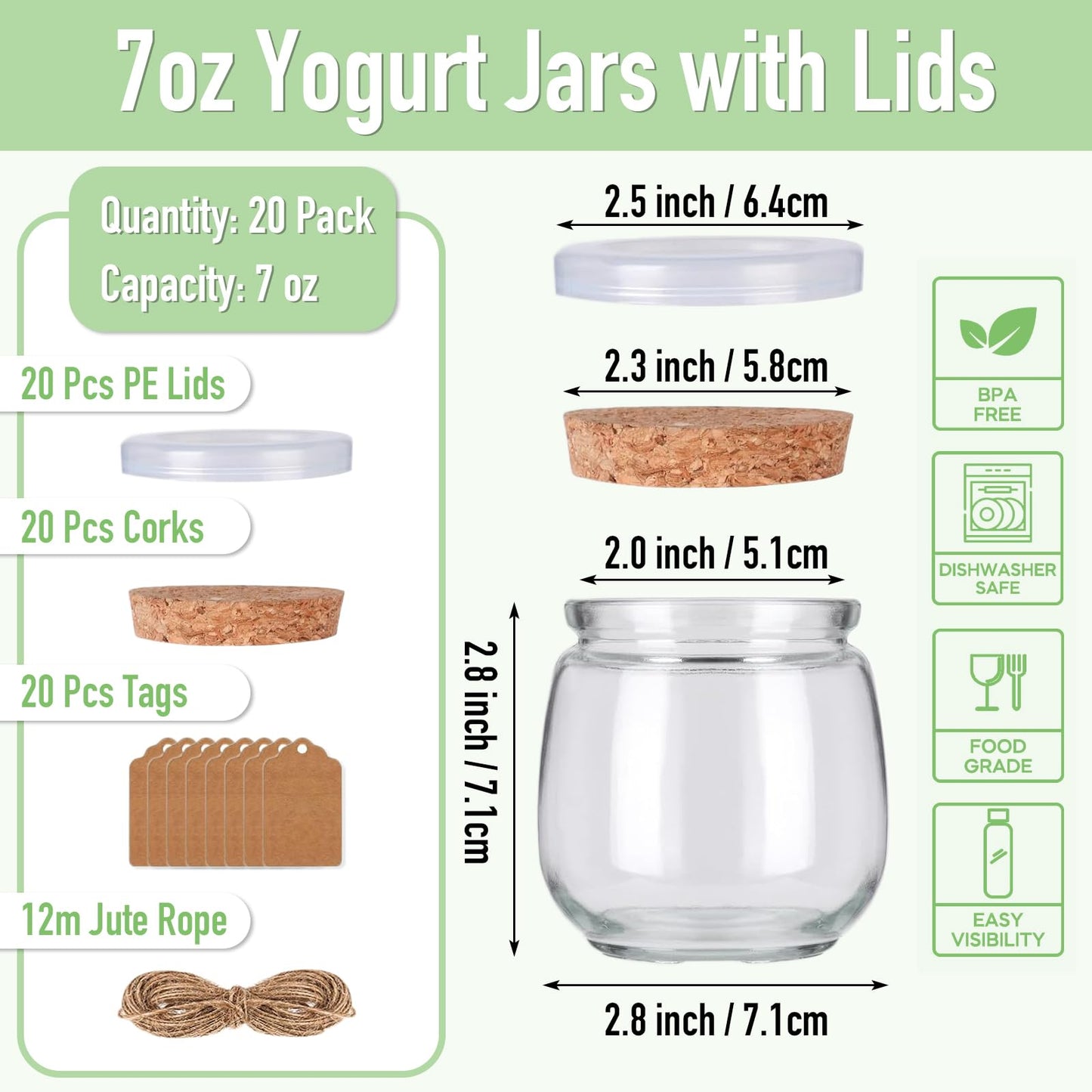NEWMIAO 20 Pack 7 oz Glass Yogurt Jars with Cork Lids and PE Lids, Glass Pudding Jars Candles Jars, Small Containers for Wedding Favors, Milk, Jam, Honey, Cake, Spices and DIY Gift