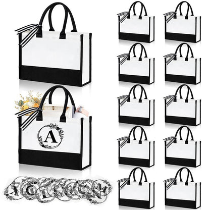 FODIENS 12 Pack Canvas Tote Bag for Women, Personalized Blank Beach Bag with 26PCS A-Z Initial Heat Transfer Letters Film, DIY Monogrammed Gift Tote Bags Bulk for Mom Teachers Friends Bridesmaids