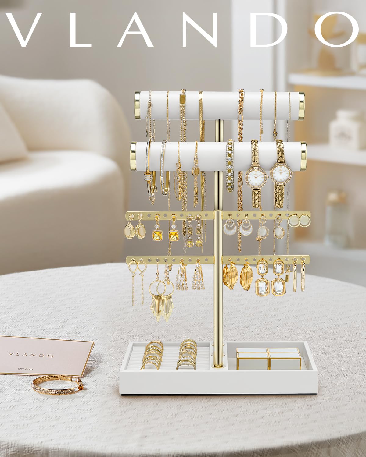 VLANDO 3 Tier Necklace Holder Organizer with Tray, Leather Bracelet Holder Display for Women, Gold Jewelry Stand for Bracelet, Necklace, Earrings, Rings - White