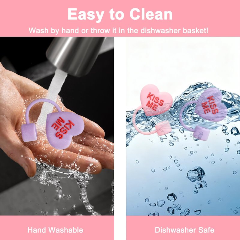 Whaline 6 Pcs Valentine's Day Conversation Heart Straw Cover Cap Reusable Silicone Straws Topper Pastel 10 Mm/0.4 Inch Straw Tip Lid Protector for 30/40 Oz Tumbler Cup Accessory Party Decor