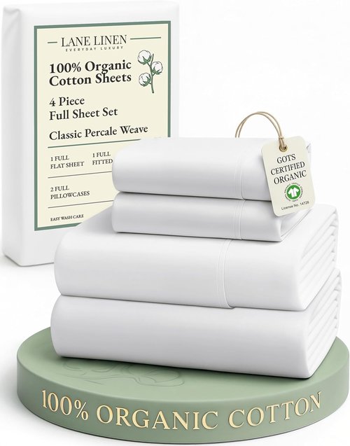 Lane Linen 100% Organic Mercerized Cotton Full Bed Sheet Set - Soft, Comfy, Oeko-Tex Certified, White, 15" Deep Pocket
