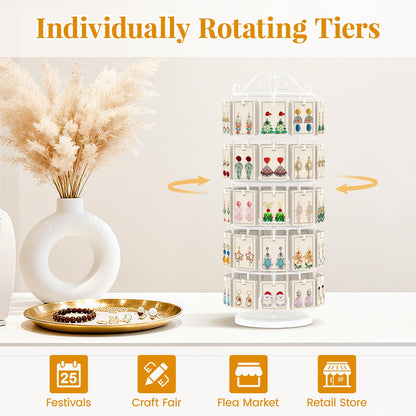 EsLuker.ly Earring Holder Organizer Rotating Display Tree Stand, Adjustable Height Earring Card Hanger Rack with 50 Hooks for Vendors Market Selling, 5 Tier Metal Jewelry Storage Tower, White
