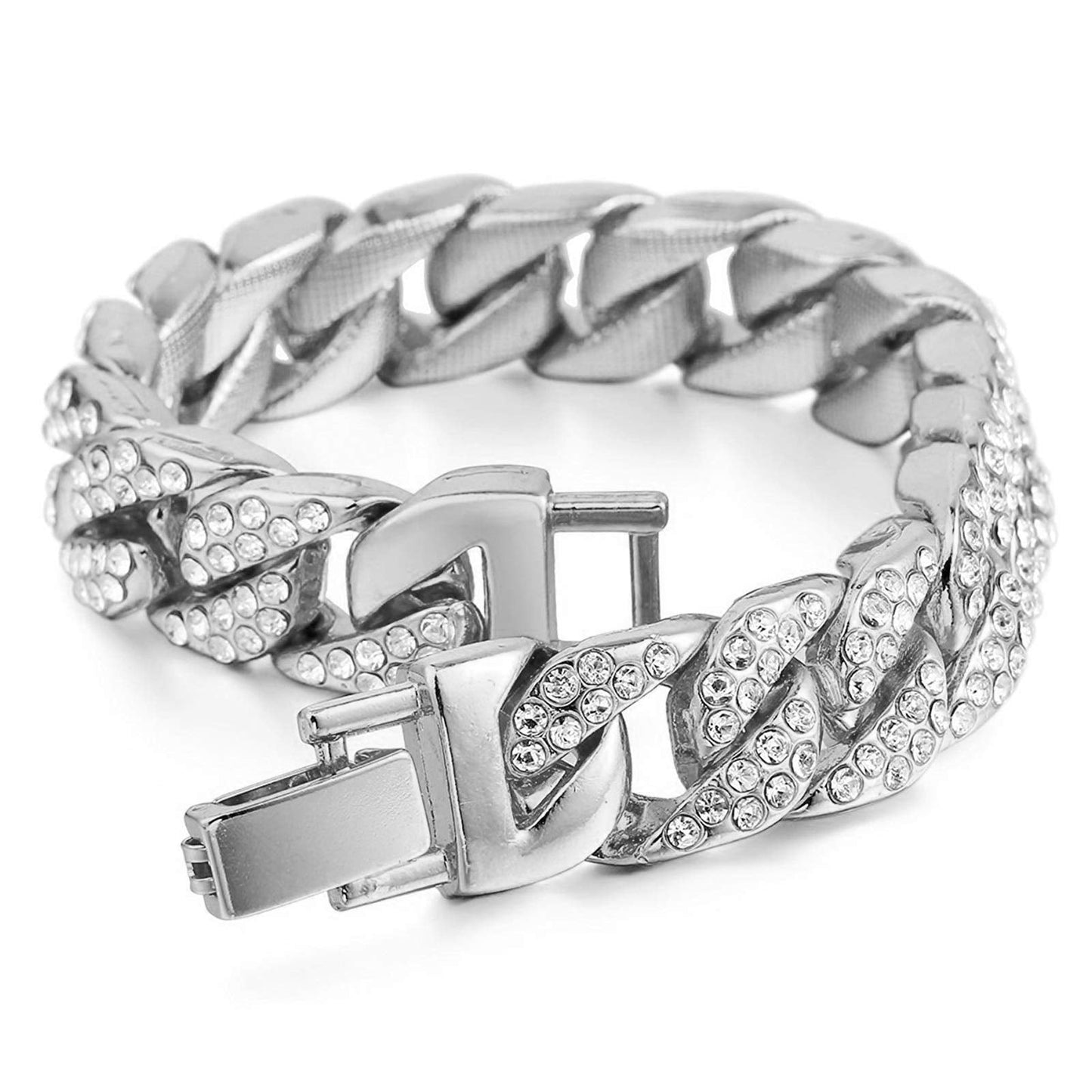 Aiyo Nice Mens Womens Cuban Link Bracelet Hip Hop Bracelet Stainless Steel Chain Bracelet Iced Out Curb Cuban 18k Gold Plated Bracelet With Clear Rhinestones (A-Silver)