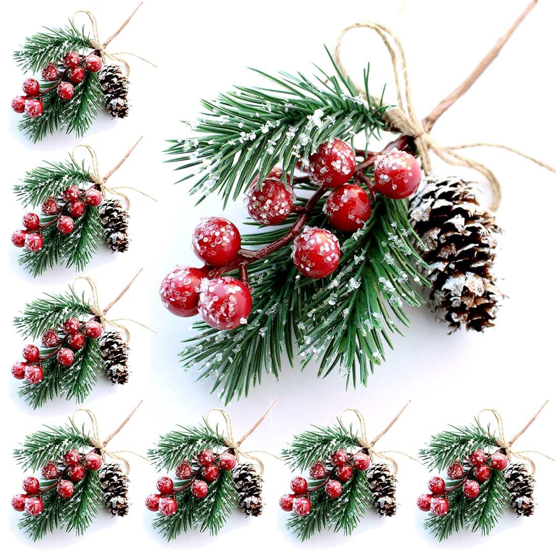 Red Berry Stems Pine Branches Evergreen Berries Décor 8 PCS Artificial Pine Cones Branch for Christmas Craft Wreath Pick & Winter Holiday Floral Picks Holly Stem for Decoration DIY Xmas Crafts