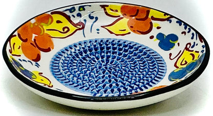 BonCera, All-in-one Premium Ceramic Garlic Grater Plate 4-Piece Set - Artisan Flower Blue Center Design - For Garlic, Ginger, Chocolate, and more! - Comes with 5" Plate, Peeler, Brush, and Stand